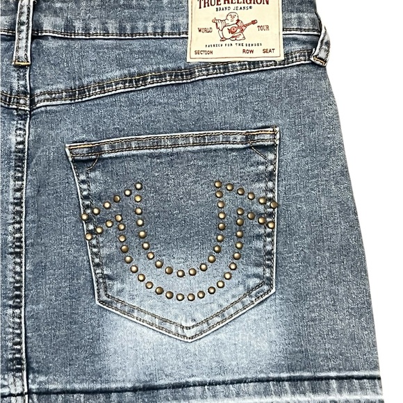 True Religion Light Mellow Wash Denim Studded Cotton Mini Skirt Size: 30 - Picture 8 of 9